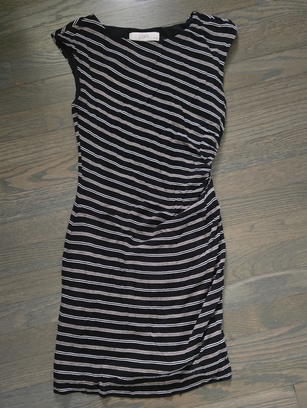 XSP LOFT Black and White Diagonal Stripe Ruched Midi Dress